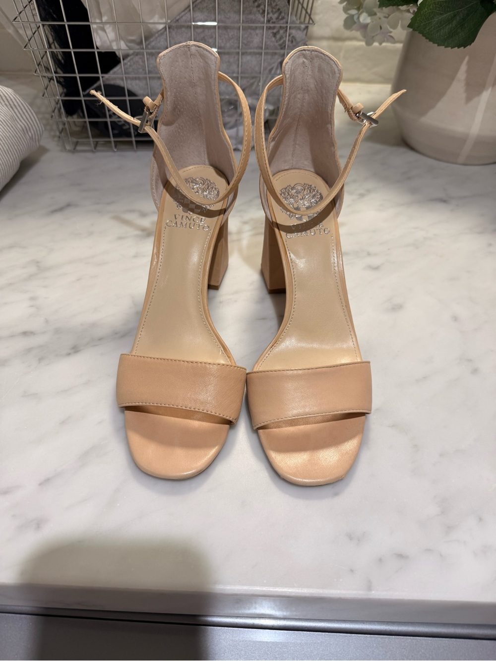 Vince Camuto Neutral Block Heel Sandals with Ankle Strap